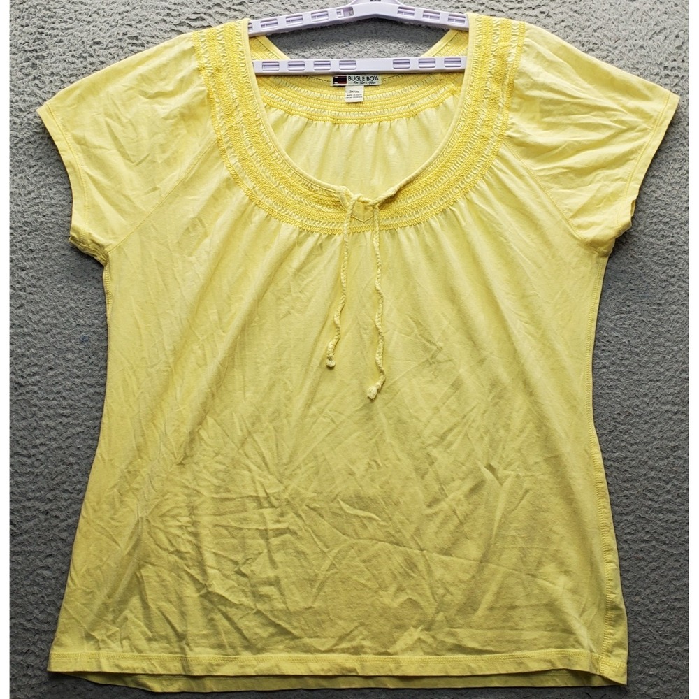 Bugle Boy Peasant Top Womens 3X Yellow Formal Short-Sleeve Round‎ Neck Tie Front